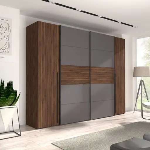 Schwebe-/Drehtürenschrank FAHDA - B. ca. 270 cm, Nussbaum Dekor, Grau