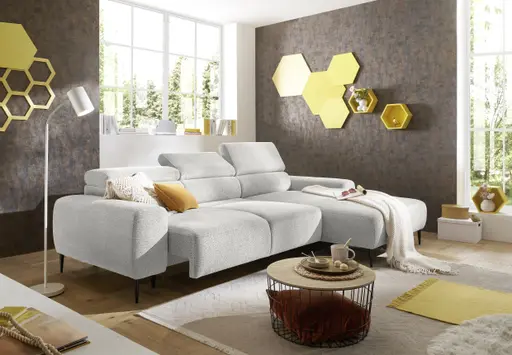 Ecksofa - 2-Sitzer mit Longchair rechts, Sitzvorzug motorisch, Kopfteil verstellbar, Stoff, Creme