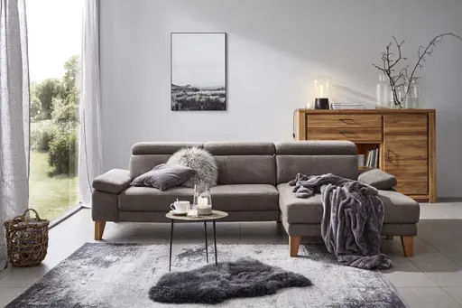 Ecksofa Hudson - 2,5-Sitzer mit Longchair rechts inkl. Kopfteil verstellbar, Stoff, Steingrau