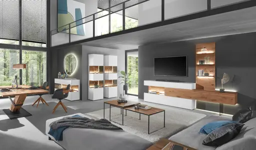 Vitrine - mit Beleuchtung, Birke massiv, Weiß lackiert, Applikation Kerneiche Umato