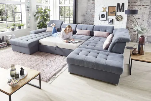 Wohnlandschaft - Longchair links, 3-Sitzer, Ecke rechts inkl. Kopfteilverstellung, Armteilverstellung in Flachgewebe blaugrau
