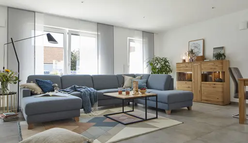 Wohnlandschaft Merlos - Longchair links mit 2,5 Sitzer und Ecke rechts, Stoff, Hellblau