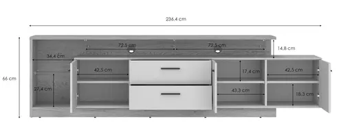 TV-Lowboard - B ca. 236 cm, Kaschmir, Cremona Eiche Torro Nachbildung