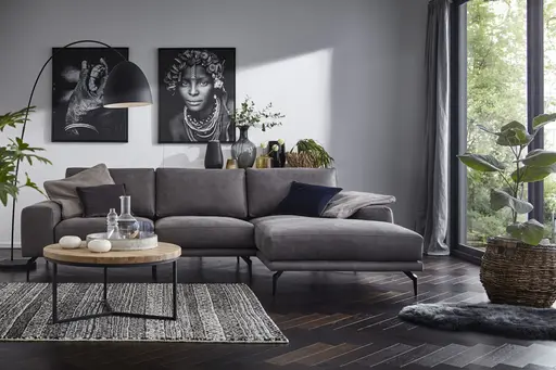 Ecksofa Redington - 2,5-Sitzer mit Longchair rechts, Leder, Grau 