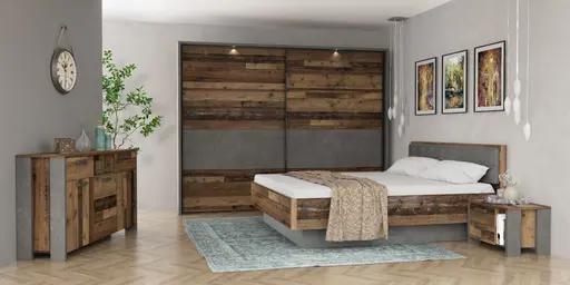 Bettgestell FEA - gepolstertes Kopfteil, Liegefläche ca. 180x200 cm, Old Wood Vintage Dekor, Betonoptik Dunkelgrau