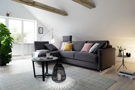 Ecksofa Nuoro - Longchair links mit 2-Sitzer inkl. Schlaffunktion und Bettkasten, Stoff, Grau