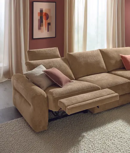 Ecksofa Almeria - 2-Sitzer mit Longchair rechts inkl. 1 Relaxfunktion motorisch, Stoff, Hellbraun