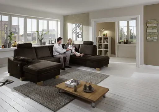 Wohnlandschaft - Longchair links mit 2,5-Sitzer und Ecke rechts, Stoff, Mocca