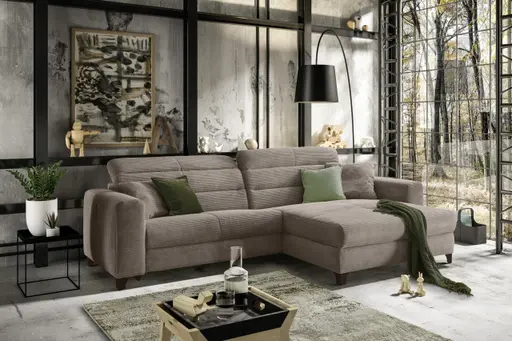 Ecksofa JAROM - 3-Sitzer, Ecke rechts inkl. Relaxfunktion (motorisch) und Kopfteil verstellbar, Stoff, Taupe