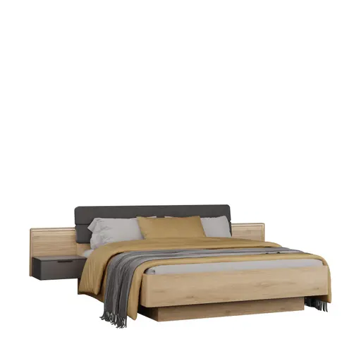 Bettgestell FALLEA- Liegefläche ca. 180x200 cm, inkl. 2 Nakos, Wildeiche Natur, Dunkelgrau