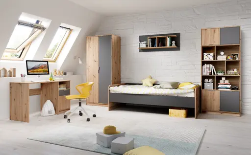 Bettgestell- Liegefläche ca. 90x200 cm, Eiche Dekor, Dunkelgrau