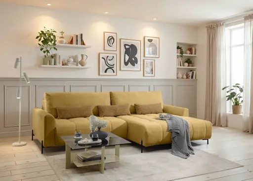 Ecksofa - 2-Sitzer mit Longchair rechts, Sitztiefe verstellbar motorisch, Stoff, Senfgelb