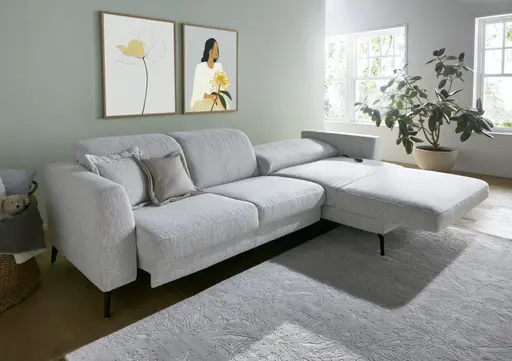 Ecksofa Rafaela 2.0 - 2,5-Sitzer mit Longchair rechts inkl. Sitzvorzug, Kopteilverstellung motorisch und Relaxfunktion motorisch im Longchair, Stoff, Champagner
