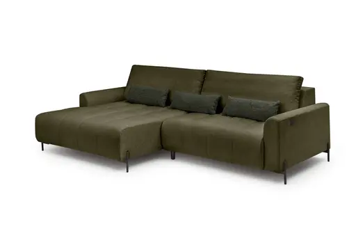 Ecksofa - Longchair links mit 2-Sitzer, Sitztiefe verstellbar motorisch, Stoff, Dunkelgrün