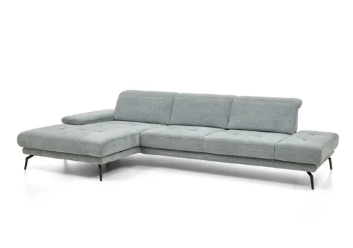 Ecksofa - Longchair links mit 3-Sitzer, Kopfteil verstellbar, Stoff, Hellblau