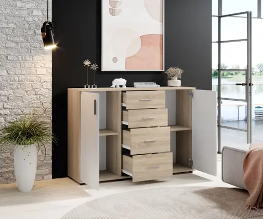 Kommode - B ca. 120 cm, Sonoma Eiche Nachbildung, Weiß