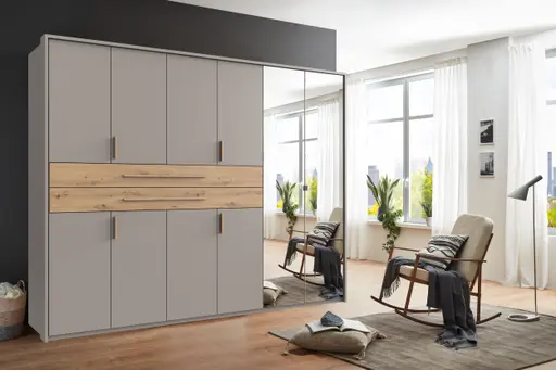 Drehtürenschrank- B ca. 270 cm, Saharagrau, Eiche Dekor, Spiegel