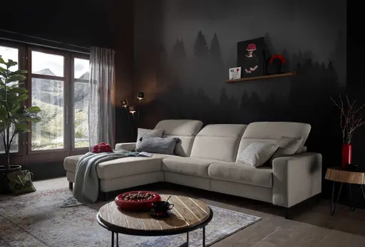 Ecksofa - CALM FLEX 2.0, Longchair links mit 3-Sitzer, Kopfteil verstellbar, Stoff, Hellgrau