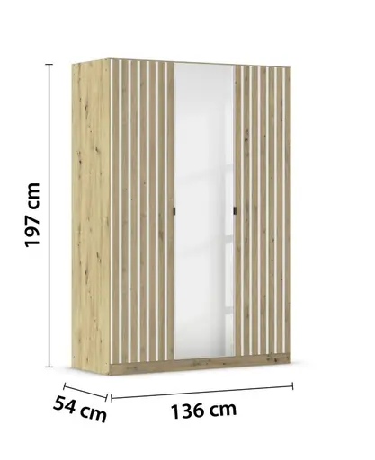 Drehtürenschrank RUERTO- B ca. 136 cm, Eiche Dekor, Weiß, Paneel, Eiche Dekor, Spiegel