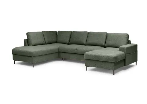 Wohnlandschaft - Ecke links mit 2-Sitzer und Longchair rechts, Stoff, Dunkelgrün