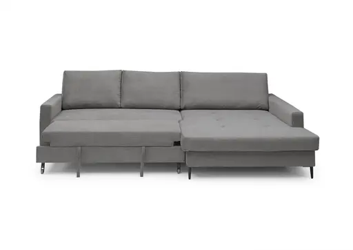Ecksofa - 3-Sitzer mit Longchair rechts, Schlaffunktion mit Bettkasten, Stoff, Grau