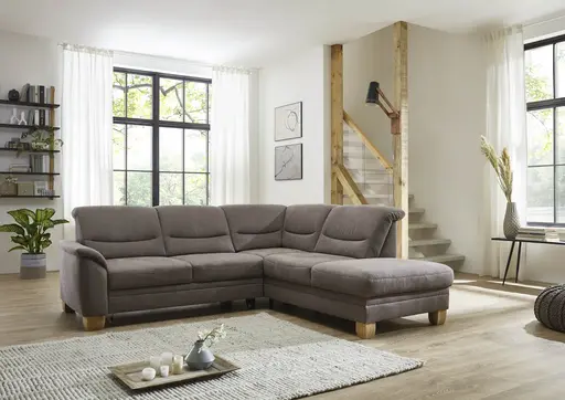 Ecksofa - 2,5-Sitzer mit Ecke rechts, Kopfteil verstellbar (manuell), Flachgewebe, Mandel