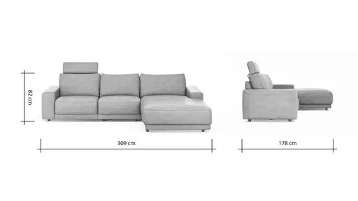 Ecksofa Balok - 2,5-Sitzer mit Longchair groß rechts, inkl. Relaxfunktion (motorisch) und Kopfstütze, Leder, Cognac