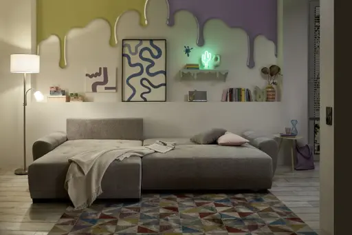 Ecksofa - Longchair links mit 2-Sitzer, Schlaffunktion mit Bettkasten, Stoff, Graphit