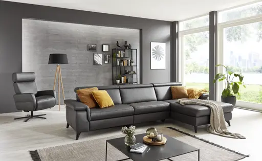 Ecksofa - 2-Sitzer mit Longchair rechts, Leder, Anthrazit