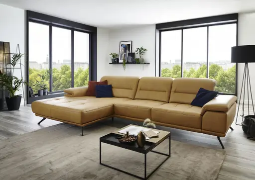 Ecksofa - 3-Sitzer mit Longchair links, Kopfteil verstellbar (manuell), Leder, Kurkuma