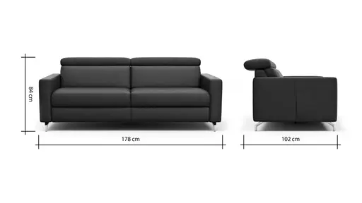 Sofa Paulina - 2-Sitzer, Kopfteil verstellbar, Leder, Schwarz