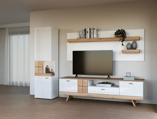 TV-Lowboard - B ca. 216 cm, Alpinweiß, Coast Evoke Eiche Nachbildung, Weiß Hochglanz