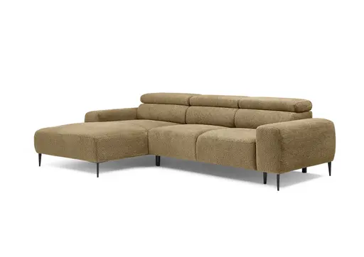 Ecksofa - Longchair links mit 2-Sitzer, Sitzvorzug motorisch, Kopfteil verstellbar, Stoff, Senfgelb