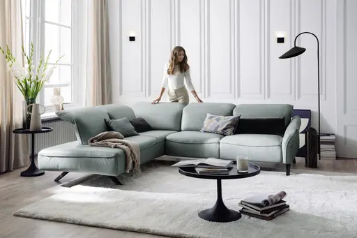 Ecksofa Bormio - Ecke links mit 2,5-Sitzer inklusive motorischer Fußteilverstellung, Leder, Jade