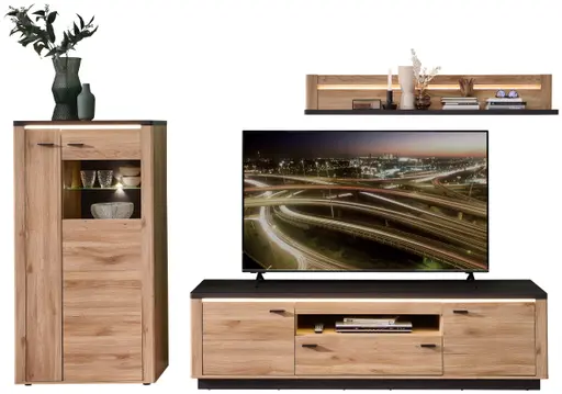 TV-Lowboard - mit Beleuchtung, B ca. 199 cm, Eiche Nachbildung, Eiche dunkel Nachbildung