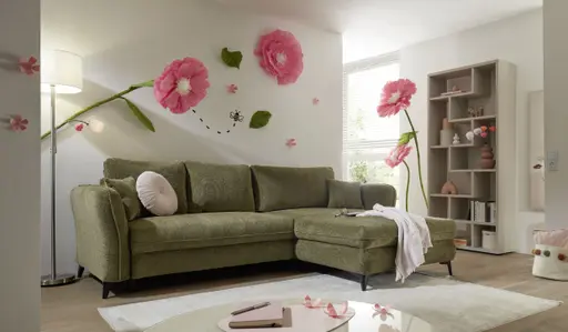 Ecksofa - Longchair links mit 2-Sitzer, Schlaffunktion mit Bettkasten, Stoff, Moosgrün