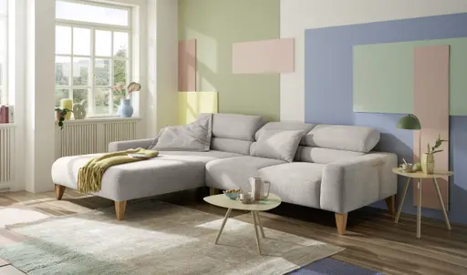 Ecksofa CHENOA - Longchair links mit 2-Sitzer, Kopfteil verstellbar, Stoff, Natur