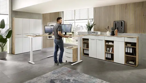 Winkelschreibtisch - höhenverstellbar, LB ca. 185x177 cm, Artisan Eiche Nachbildung, Weiß