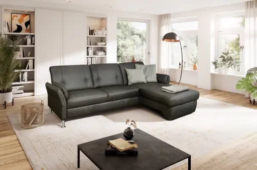 Ecksofa Caracas - 2,5-Sitzer mit Longchair rechts, Leder, Anthrazit