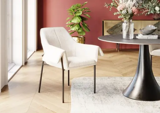 Armlehnstuhl- Stoff, Creme, Metall, Schwarz