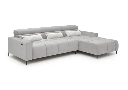 Ecksofa - 2-Sitzer mit Longchair rechts, Sitztiefe verstellbar motorisch/Kopfteil verstellbar, Stoff, Silbergrau