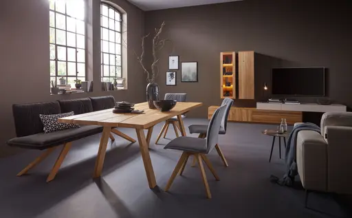 Bank Mileto - BT ca. 200x60 cm, Velour, Dunkelgrau, Eiche massiv, mit Rückenlehne