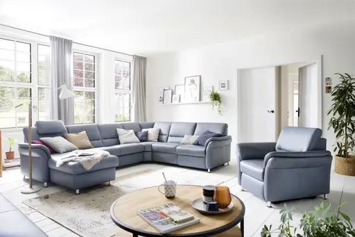 Wohnlandschaft - Longchair links mit 2,5-Sitzer und Ecke rechts, Leder, Granit