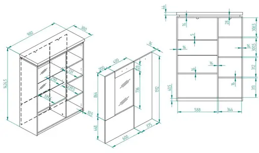 Highboard - mit Beleuchtung, B ca. 98 cm, Salbeigrün, Eiche Evoke Nachbildung