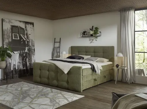 Boxspringbett SANDRIN I- Liegefläche ca. 200x200 cm, Stoff, Grün,  inkl. Stauraum und Fußteil