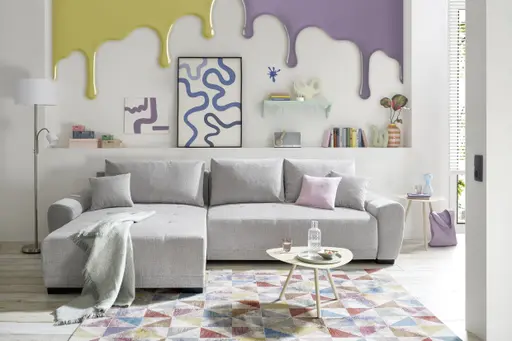 Ecksofa - Longchair links mit 2-Sitzer, Schlaffunktion mit Bettkasten, Stoff, Silbergrau