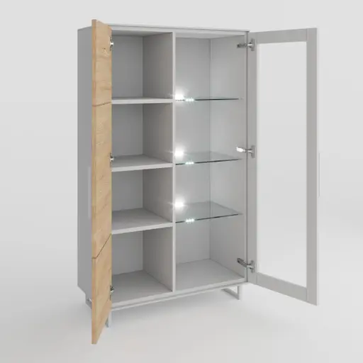 Vitrine - B ca. 102 cm, Kreidefarben, Eiche bianco massiv geölt