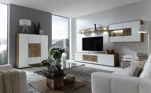 Highboard - Kerneiche massiv, Mattglas, Weiß mit Hirnholzscheiben