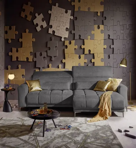 Ecksofa MINAO - 1,5-Sitzer mit Longchair rechts, Sitztiefe verstellbar motorisch, Kopfteil verstellbar, Stoff, Graphite