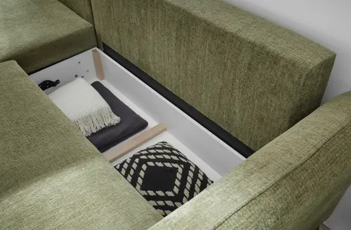 Ecksofa - Longchair links mit 2-Sitzer, Schlaffunktion mit Bettkasten, Stoff, Moosgrün